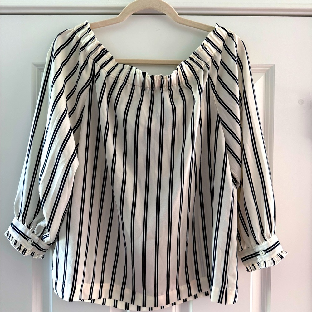 J. Crew Mercantile Off-The-Shoulder Bow Blouse SZ M Striped Navy & Cream - Picture 4 of 15
